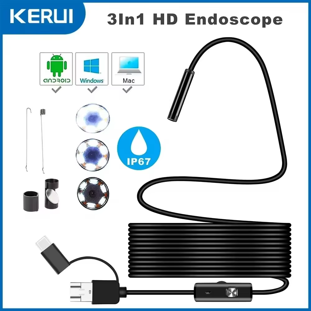 7MM Android Endoscope Camera 3 IN1 Micro USB Type C Borescope Mini Camera Waterproof LED